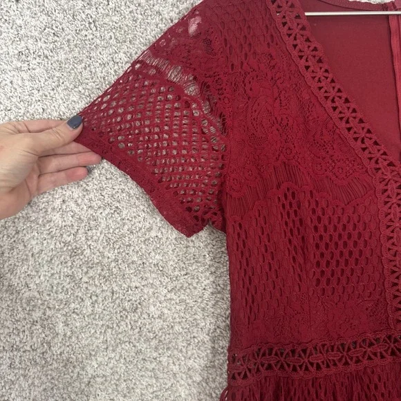 Altar'd State Mariska Brick Red Lace Semi-Sheer Embroidered Maxi Dress Womens L - Picture 6 of 14